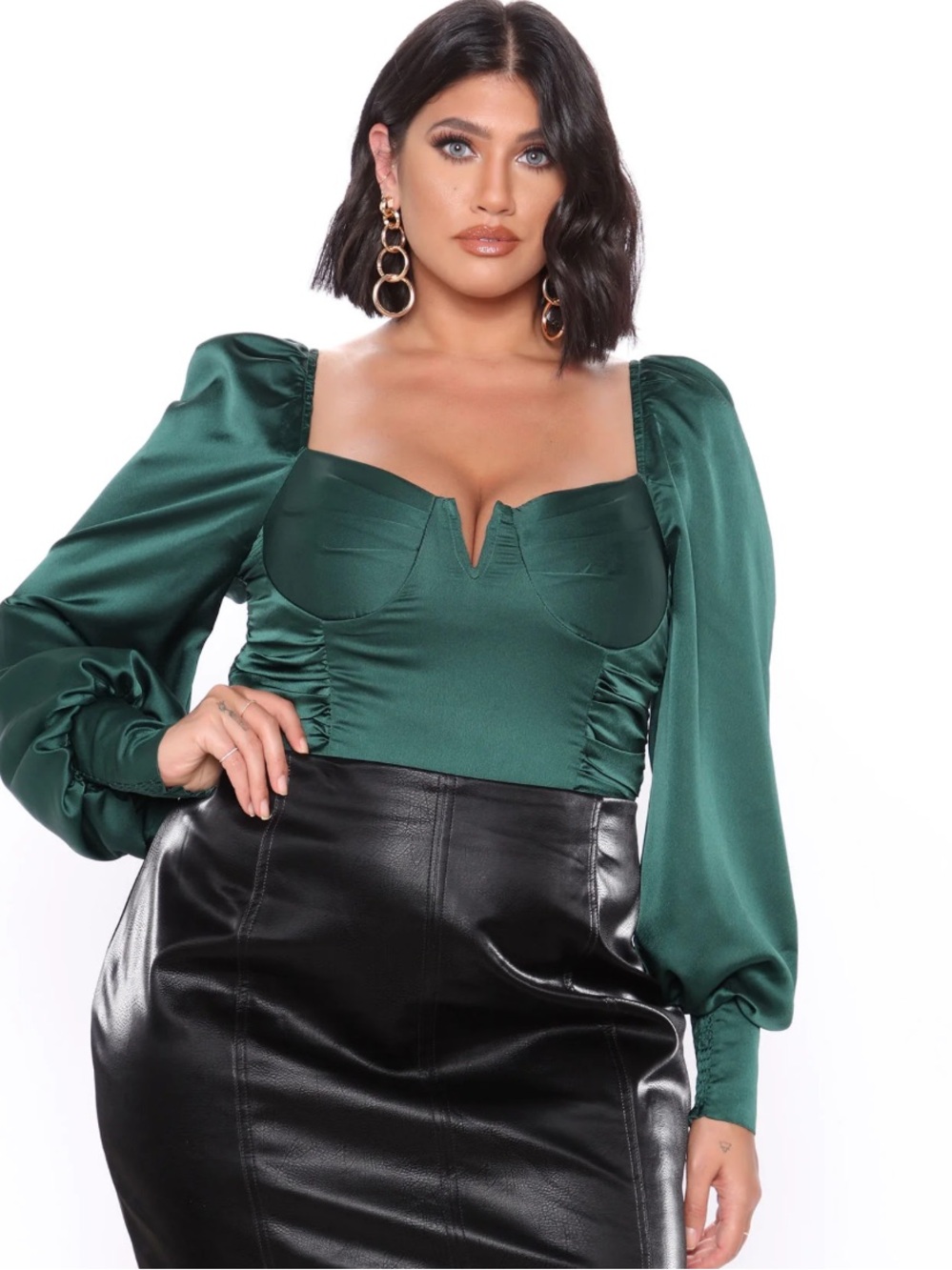 Fashion Nova Emerald Green Satin Puff Sleeve Sweetheart Top